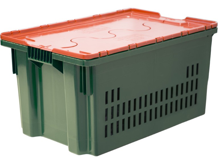 Ящик 600х400х300 дно сплошное, стенки перфорированные, Safe PRO цв. зелёный с оранжевой крышкой купить в Екатеринбурге